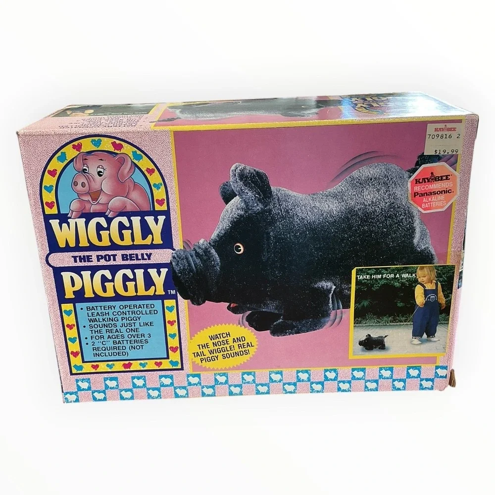 Wiggly The‎ Pot Belly Piggly Black Walking Pig Toy with Box Vintage